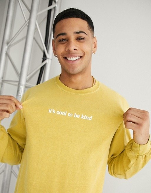 cool kind slogan long sleeve t-shirt in mustard yellow 
