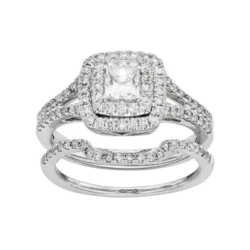 IGL Certified Diamond Square Halo Engagement Ring Set in 14k White Gold (1 Carat T.W.)