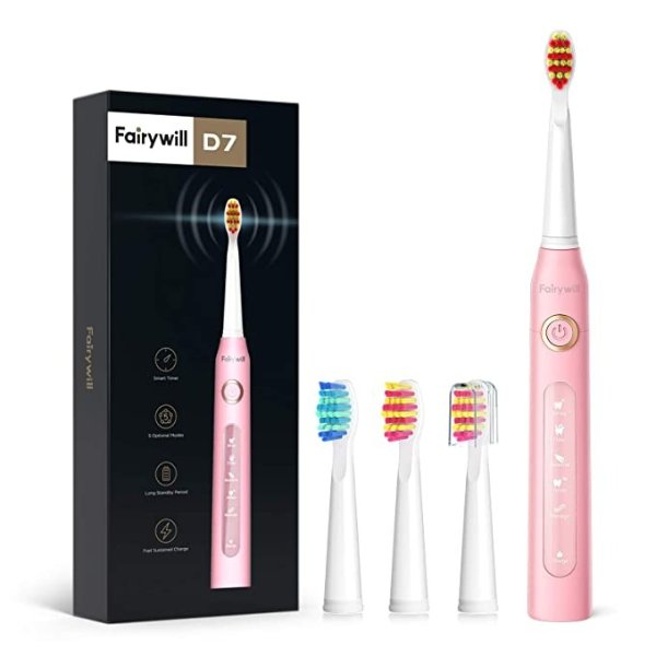 UltraSonic Powered Electric Toothbrush ADA Accepted with 5 Modes, Smart Timer, 4 Brush Heads, Fully Rechargeable with One 4 Hr Charge Last 30 Days, Whitening Toothbrush Pink