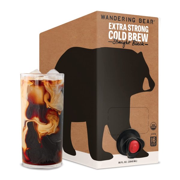 Wandering Bear Extra Strong Organic Cold Brew Coffee On Tap, Straight Black, 96 fl oz - Smooth, Unsweetened (0g Sugar), Shelf-Stable, and Ready to Drink