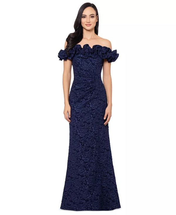 Women's Off-The-Shoulder Floral Brocade Gown