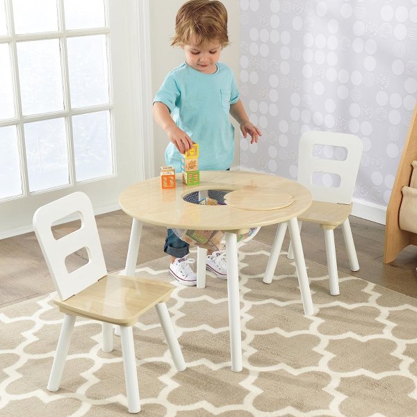 Wooden Round Table & 2 Chair Set with Center Mesh Storage - Natural & White, Gift for Ages 3-6