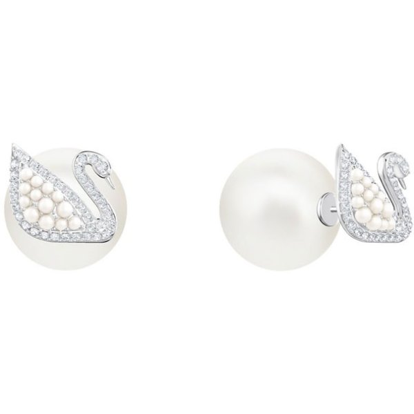 Iconic Swan Stud Pierced Earrings, White, Rhodium plating by SWAROVSKI
