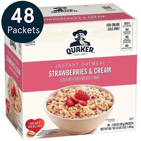 Instant Oatmeal, Strawberries & Cream, 48 Count, 1.23 oz Packets