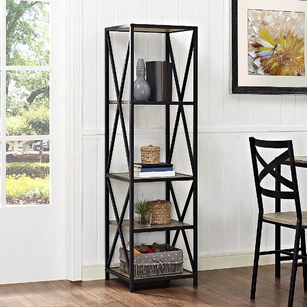 X-frame Industrial Wood and Metal 4-Shelf Bookcase - Driftwood