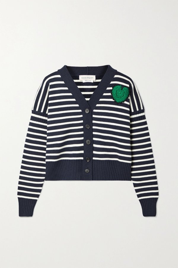Cropped appliqued striped wool and cotton-blend cardigan