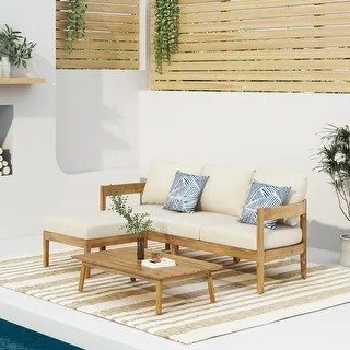 Brooklyn Outdoor Acacia Wood 3 Seater Sofa Chat Set with Ottoman by Christopher Knight Home