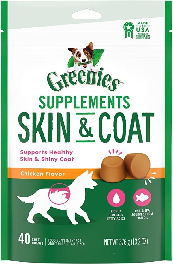 Skin & Coat Food Supplements with Omega 3 Fatty Acids, 40-Count Chicken- Flavor Soft Chews for Adult Dogs