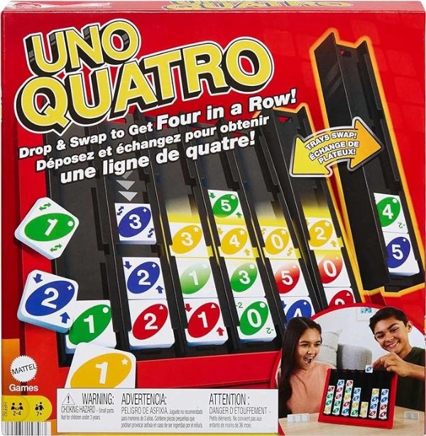 Games UNO Quatro Game with Colored Tiles & Plastic Game Grid for Adult, Family & Game Night, 2 to 4 Players Ages 7 Years & Up
