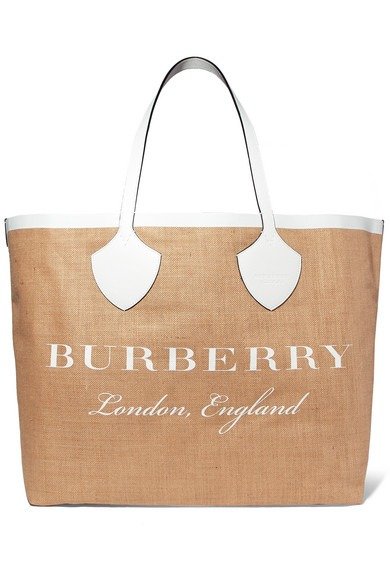 Leather-trimmed printed canvas tote