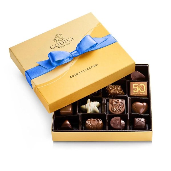 Assorted Chocolate Gold Gift Box, Royal Blue Ribbon, 19 pc.