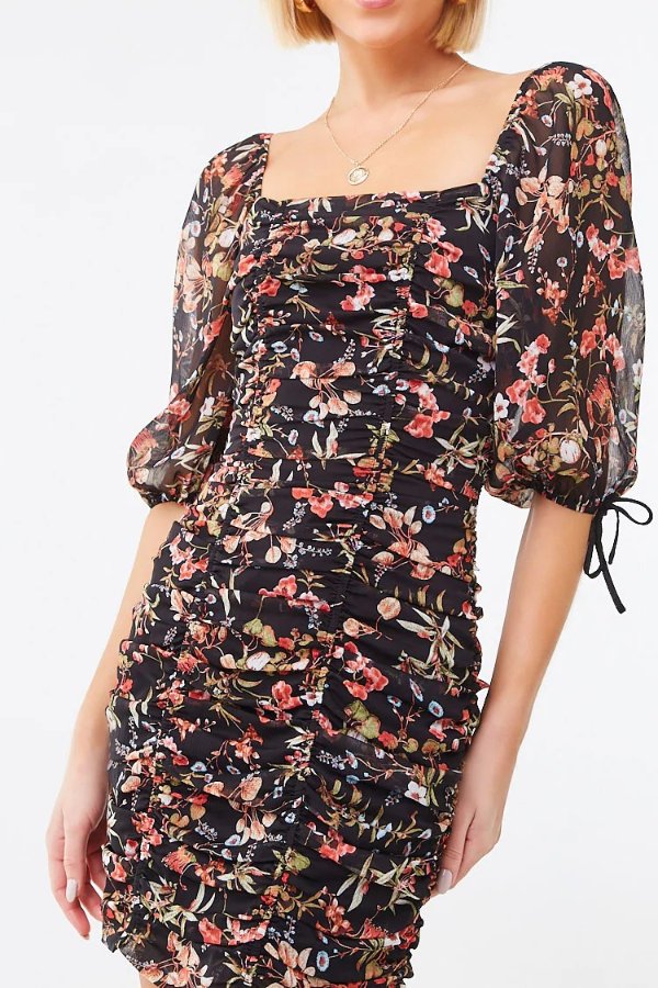 Ruched Floral Print Dress