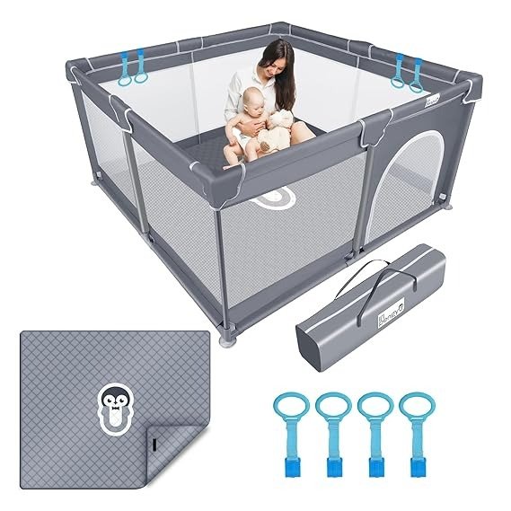 Baby Playpen for Babies and Toddlers with Mat, 50x50 inch Large Baby Playard No Gaps for Indoor & Outdoor, Playpen with Bag, with Playmat, Anti-Slip Base, Li'l Pengyu
