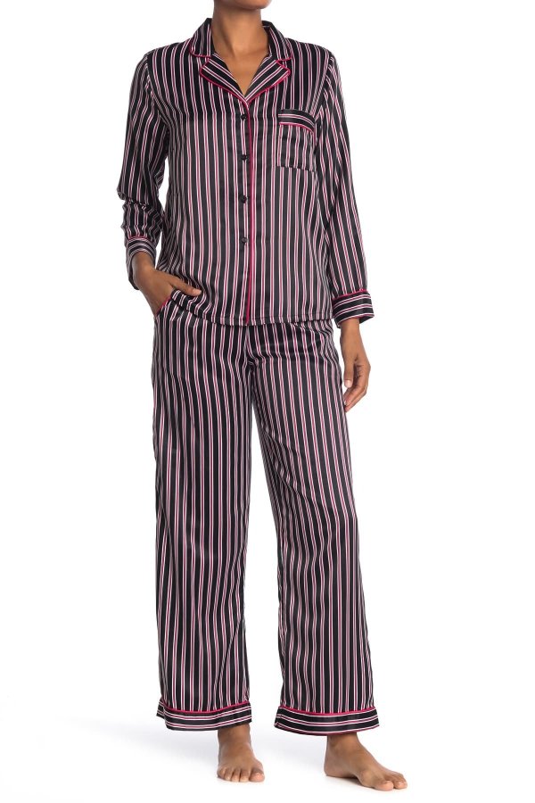 Striped Satin Long Sleeve Shirt & Pants 2-Piece Pajama Set