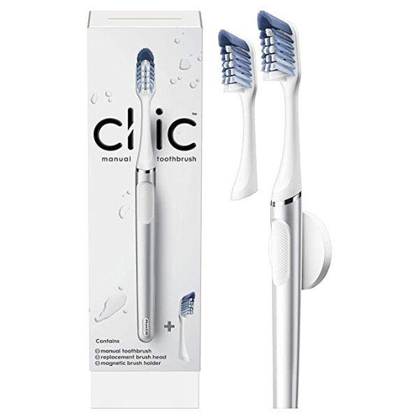 Clic Manual Toothbrush, Chrome White, with 1 Additional Replacement Brush Head and Magnetic Holder