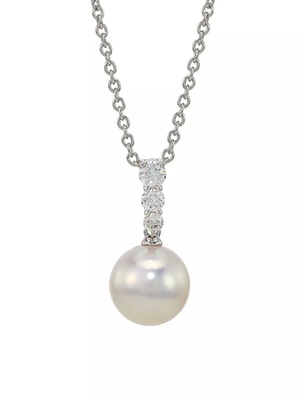 Morning Dew 18K White Gold, 8MM Cultured Akoya Pearl & 0.16 TCW Diamond Pendant Necklace
