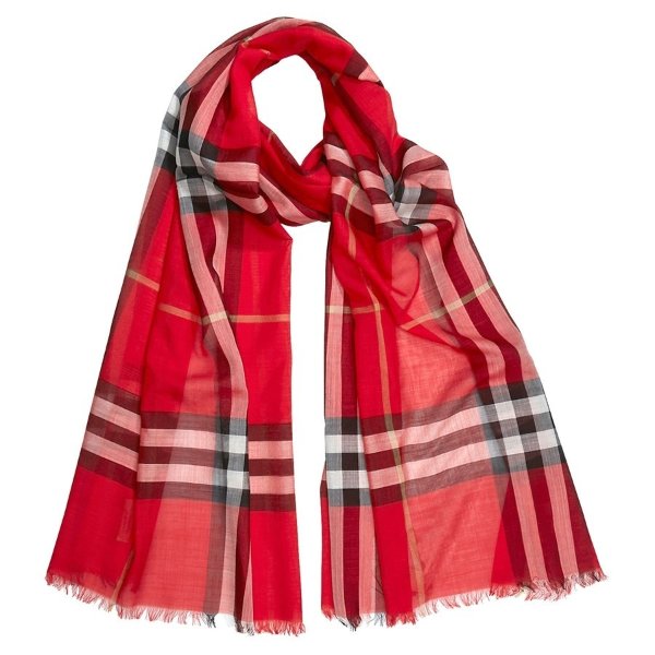 Lightweight Check Wool and Silk Scarf- Bright Military Red
