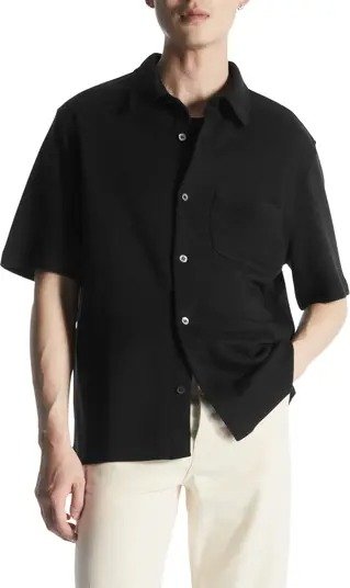 Relaxed Fit Short Sleeve Button-Up Knit Shirt