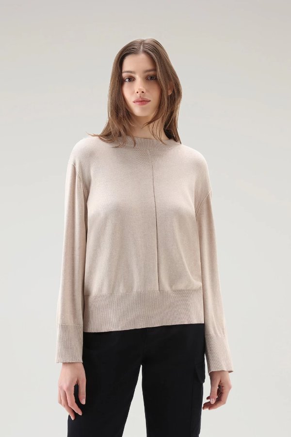 Crewneck Sweater in a Cotton Cashmere Blend Beige Melange