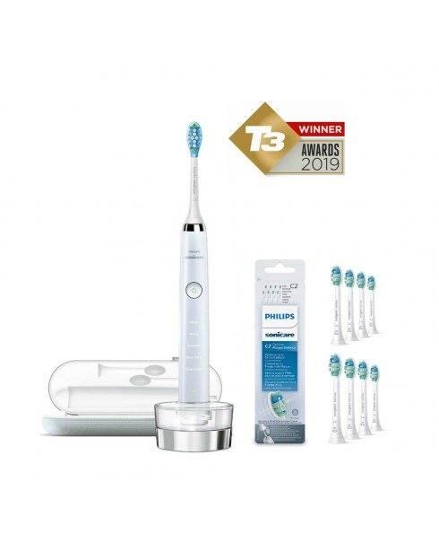 Bundle: HX9331/32 DiamondClean Toothbrush in White + HX9028/12 8 Pk White Replacement Brush Heads 2019 Edition