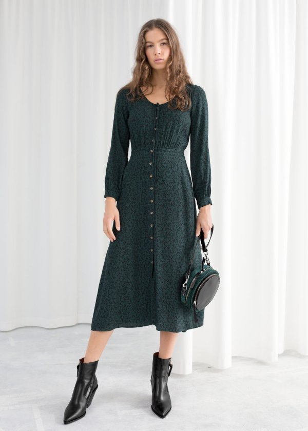 Printed Button Up Midi Dress - Green - Printed dresses - & Other Stories