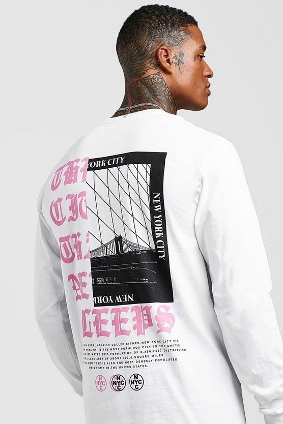 Long Sleeve New York City Back Print T-Shirt | boohooMAN