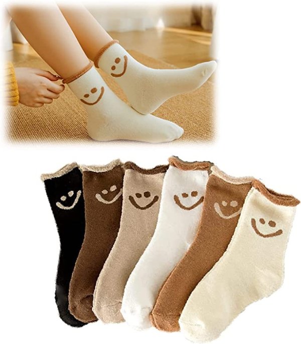 6 Pairs Lovely Smile Face Cotton Socks, Cartoon Smiley Face Socks, Smile Socks Women, Winter Autumn Thermal Socks Ankle Sock for Girls Boy Blue 12
