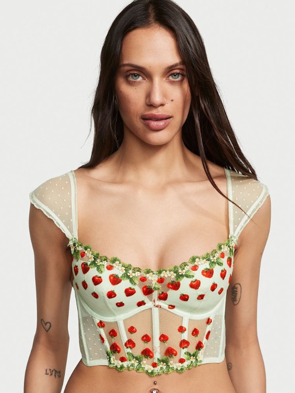Strawberry Embroidery Cap-Sleeve Corset Top