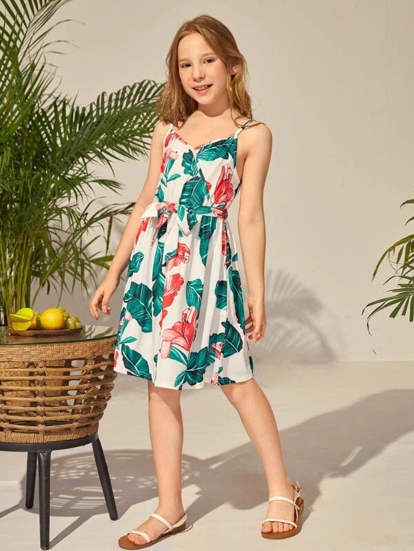 Girls 1pc Tropical Print Surplice Front Belted Cami Dress