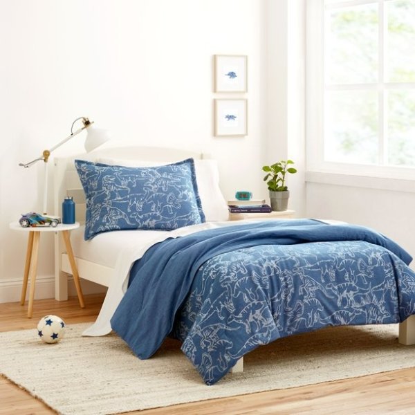 Gap Home Kids Dino Denim Organic Cotton Comforter Set, Twin, Blue, 2-Pieces