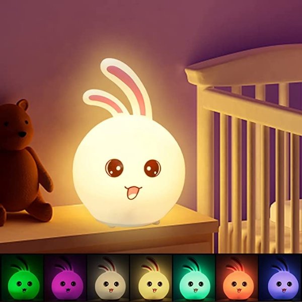 Cute Bunny Night Light , Soft Silicone Nursery Night Light with Touch Control , 7 Color Changing, USB Rechargeable, Portable LED Night Light for Kids, Bedside, Gifts