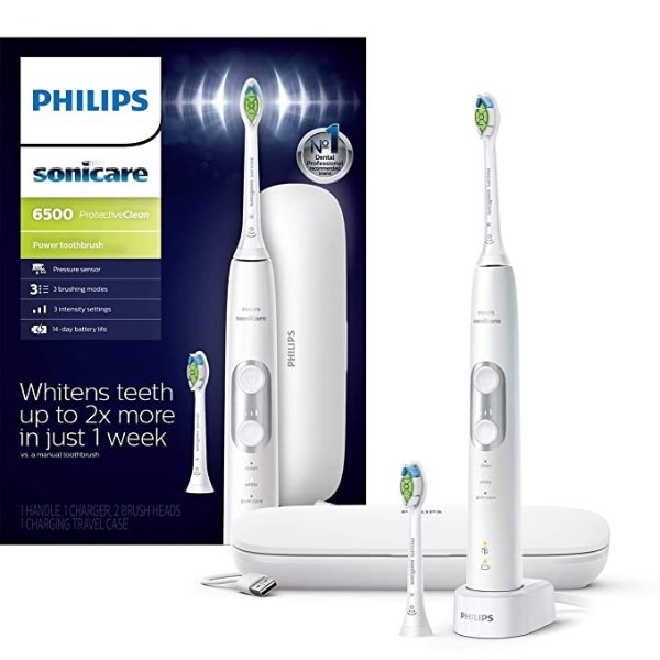 Sonicare ProtectiveClean 6500 Rechargeable Electric Toothbrush with Charging Travel Case and Extra Brush Head, White HX6462/05