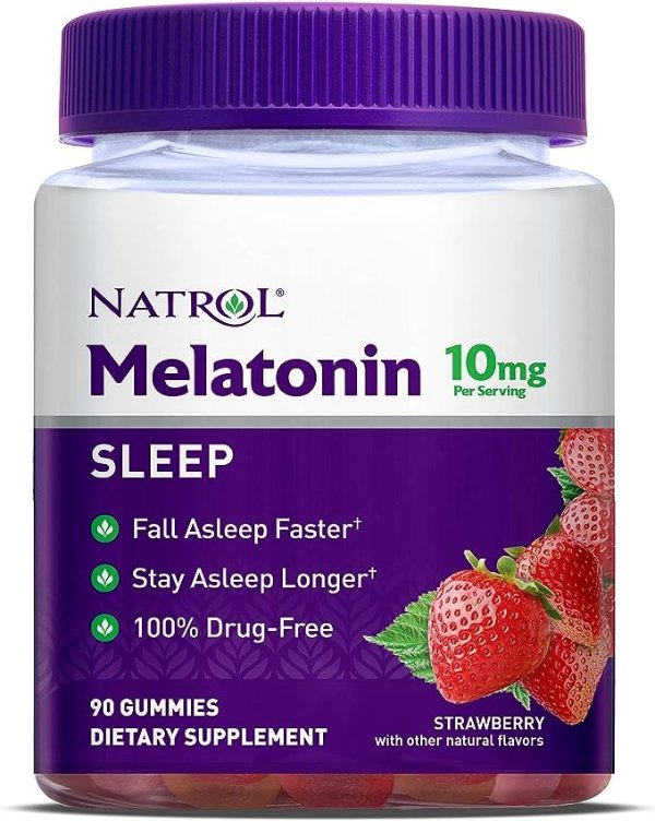 Melatonin 10mg, Dietary Supplement for Restful Sleep, 90 Strawberry-Flavored Gummies, 45 Day Supply