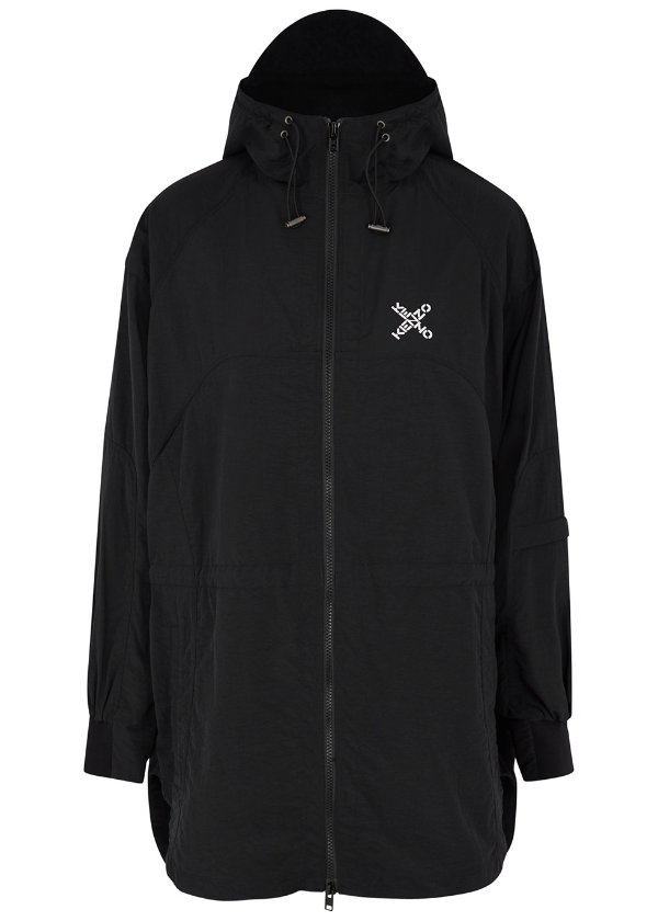 Black logo hooded shell coat