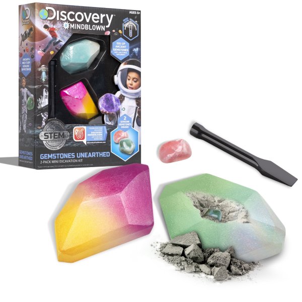 Mini Unearthed Gemstones Dig Set, 2 Pack Excavation Kit w/ Chisel, App & Poster, Interactive Archaeology Geology Experiment, Fun & Educational Science STEM Toy for Kids 6+