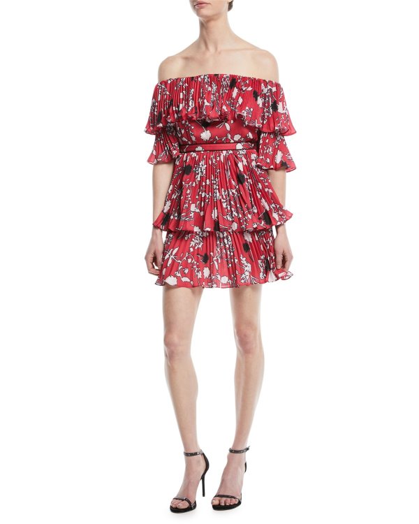 Pleated Off-the-Shoulder Floral-Print Mini Dress