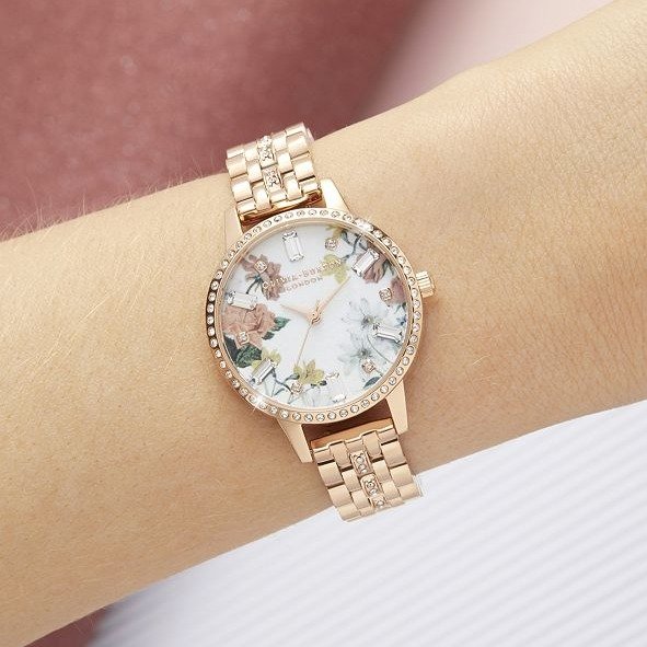 Women's Sparkle Floral Rose Gold-Tone Bracelet Watch 30mm