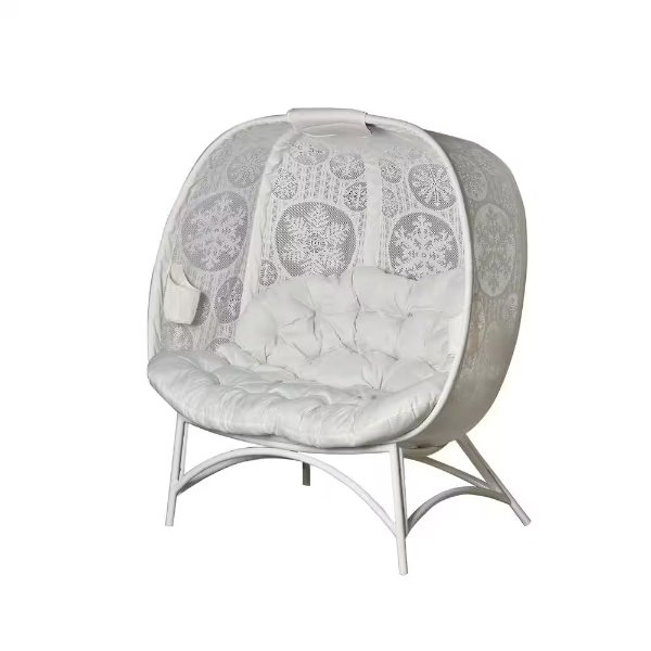 Cozy 4-Legged Metal Outdoor Pumpkin Lounge Chair with White Snowflake Cushion