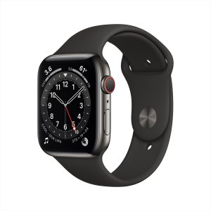 Apple Watch Series 6 GPS + Cellular, 44mm Graphite Stainless Steel Case with Black Sport Band