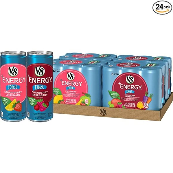 V8 +Energy Diet Variety Pack, Healthy Energy Drink, Diet Strawberry Lemonade and Diet Cranberry Raspberry, 8 Ounce Can (4 Packs of 6, Total of 24)