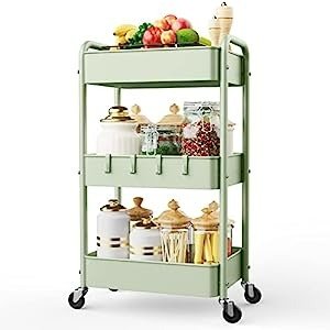 LEHOM 3 Tier Rolling Storage Cart, Metal Trolley Utility Cart with Wheels & Hooks, Easy Assembly Organizer Storage Cart for Bathroom Kitchen Office Bedroom (Green)