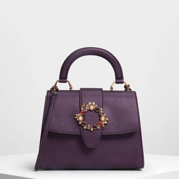 Purple Embellished Buckle Detail Bag | CHARLES & KEITH