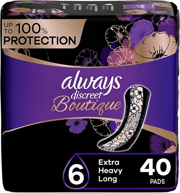 Discreet Boutique, Incontinence & Postpartum Pads For Women, Size 6, Extra Heavy Absorbency, Long Length, 20 Count (Pack of 2)