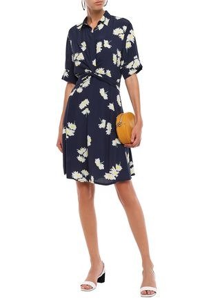 Silvery twist-front floral-print crepe dress