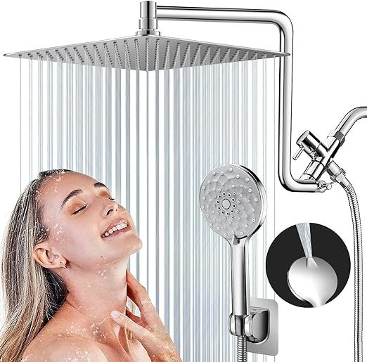 Shower Head, Upgraded Dual Rain Shower Head with Adjustable Extension Arm, 6-Setting Handheld Combo, Powerful High-Pressure Spray Against Low Pressure Water (12-Inch Showerhead Set, Chrome)