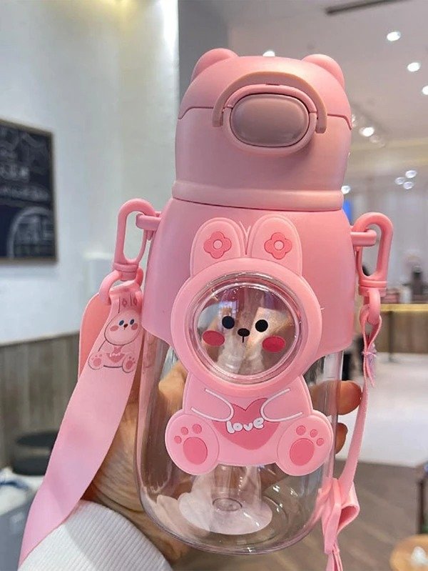 1pc Pink Cute Rabbit Print Portable Water Bottle, PC Transparent Sports Bottle For Household, Outdoor