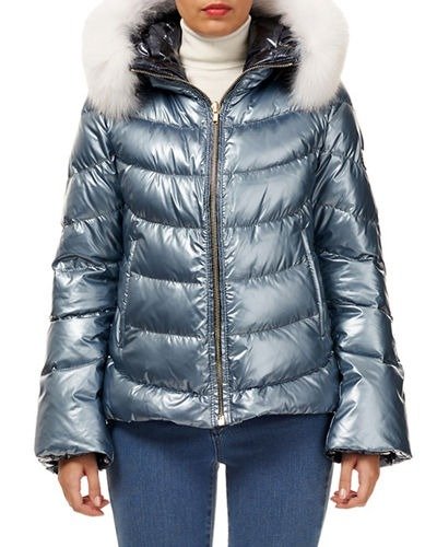Reversible Fox-Fur Hood Quilted Puffer Apres-Ski Jacket