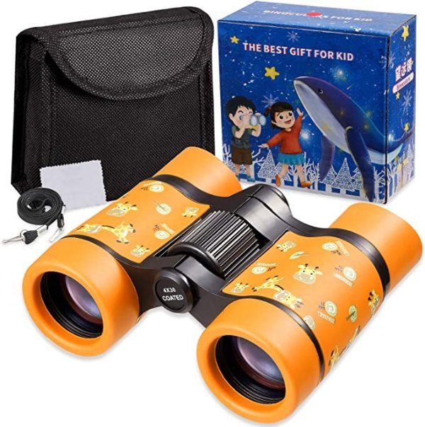 Newraturner Rubber 4x30mm Toy Binoculars for Kids - Waterproof Folding Small Kids Telescope for Bird Watching,Travel, Camping (Orange)