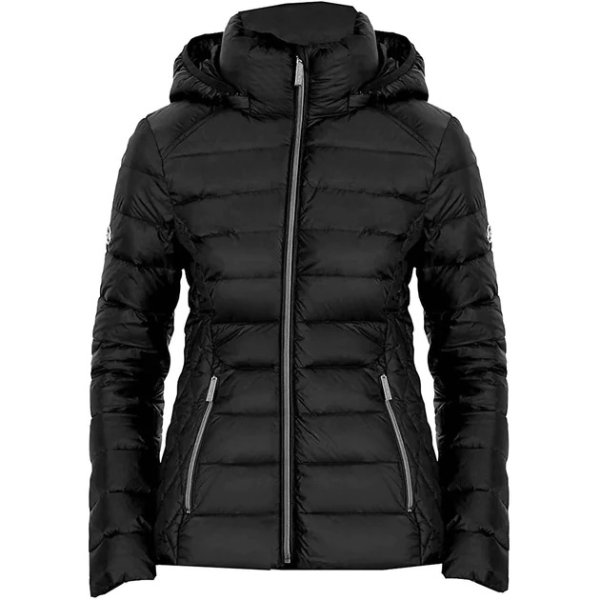 hooded down packable jacket coat with removable hood in black