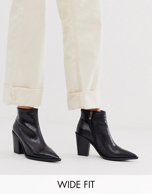 wide fit heeled western boots in snake | ASOS